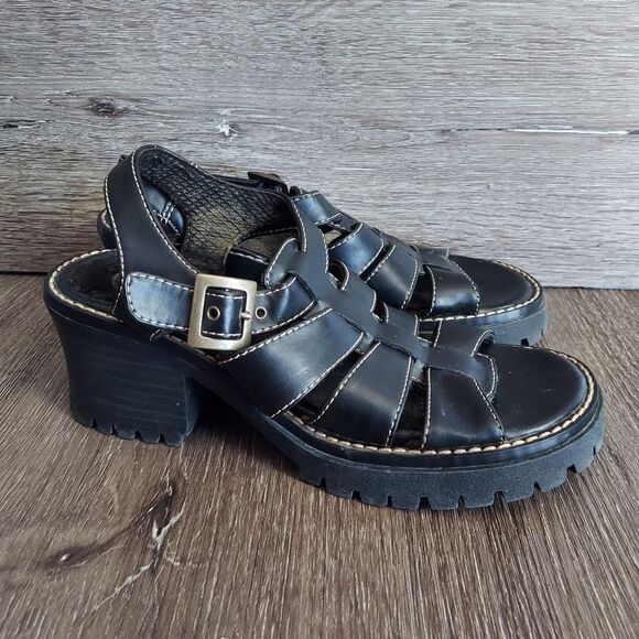 Vintage 90s Lower East Side Black Chunky Heel Platform Fisherman Sandals Size 7 - Picture 1 of 8